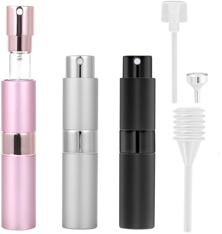 AiQInu atomizador perfume recargable, 3 Pcs 8ml Mini Botellas Atomizadoras perfume recargable con dosificador para Viajar y Salir (Rosa+Plata+Negro)