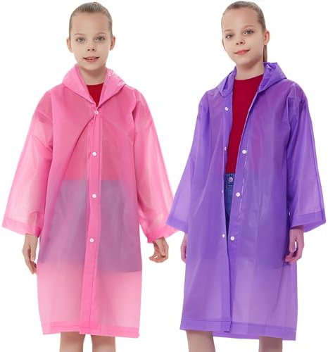 Rain Ponchos Raincoats for Kids, Reusable Boys Girls Rain Jackets Emergency with Hood for Family Disney Travel Outdoor (Pink+Purple)