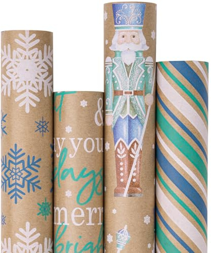 RUSPEPA 4 Rouleaux de Papier d'Emballage Kraft de Noël - Soldat Casse-Noisette, Flocon de Neige, Rayure et Texte - 76 cm x 3 m par Rouleau