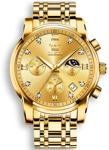 OLEVS Relojes para Hombre Reloj Analógico de Cuarzo de AceroInoxidable Diamantes Esfera Dorado Multifuncionales Relojes de Hombre Clásico Vestido de Lujo Reloj de Hombres Correa Dorado
