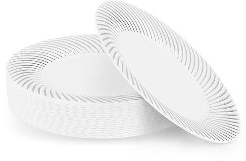 MATANA 20 Premium White Plastic Dessert Plates with Silver Rim, 18cm / 7 Inch - Elegant & Reusable Small Side Plates, Starter Plates for Weddings, Birthdays, Picnic, BBQ, Parties