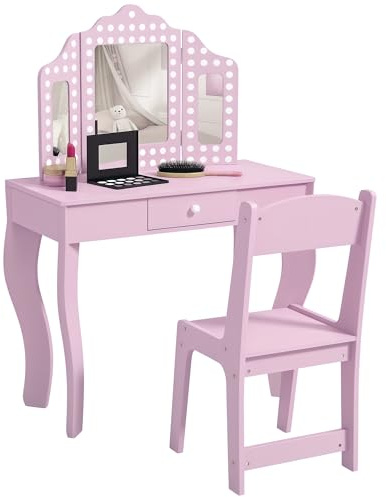 AIYAPLAY Toeletta per bambini con specchio pieghevole in tre e sgabello, tavolo da trucco per bambini, scrivania per trucco con cassetto, per bambini dai 3 agli 8 anni, rosa