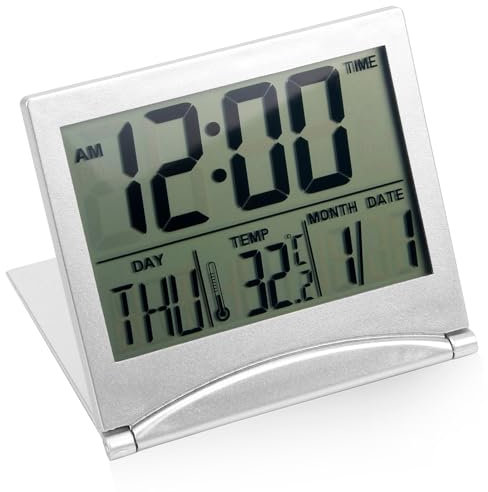 JUGCUT Digital Travel Alarm Clocks Foldable Desktop Clock with Day, Date, Temperature Indication, Battery Operated for Home and Travel Use, Silver with LCD Display Alarm and Snooze Function
