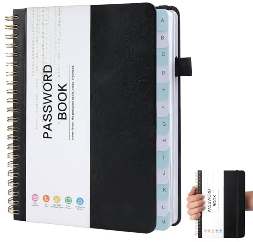 Moosono Password Book Alphabetical with Tabs, Address Books, Spiral Password Notebook, Telephone Book for Password and Address Management, Home Office 5.6×7.68 in (Black)