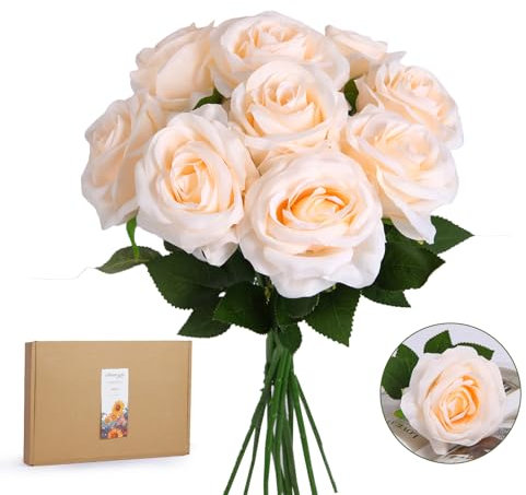 ZUVYRO 20PCs Realistic Champagne Roses Artificial Silk Flowers with Long Stems, Real Touch Fake White Roses Bulk for Arrangement Wedding Party Home Table Decor,DIY Bouquet