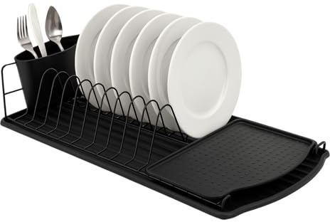 Solty - Escurreplatos Acero Inoxidable Negro - Escurridor de Platos sobre Fregadero con Bandeja de Goteo y Colector de Cubiertos - 47.5 x 26.5 x 11 Cm