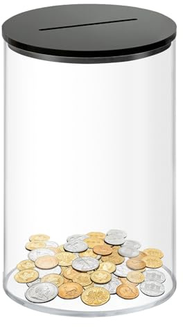 Clear Acrylic Money Box With Black Lid - Transparent Cylinder Savings Piggy Bank for Adults or Kids