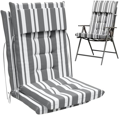 Amopatio Sitzauflagen Hochlehner 2er Set, Graue Streifen Gartenstuhlauflagen Hochlehner, Sitzauflagen Gartenmöbel-120x50x8CM, UV Beständig Wasserdicht, für Gartenstühle und Klappstühle