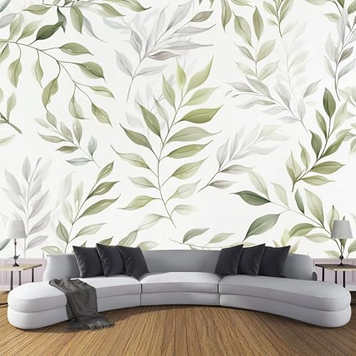 Papel Pintado Fotográfico Grande con Acuarela Hojas De Olivo en 3D, 250Anx175Al cm Tamaño Personalizado, Naturaleza Botánica Mural para Baño, Oficina, Comedor, Habitación de los Niños, Verde blanco