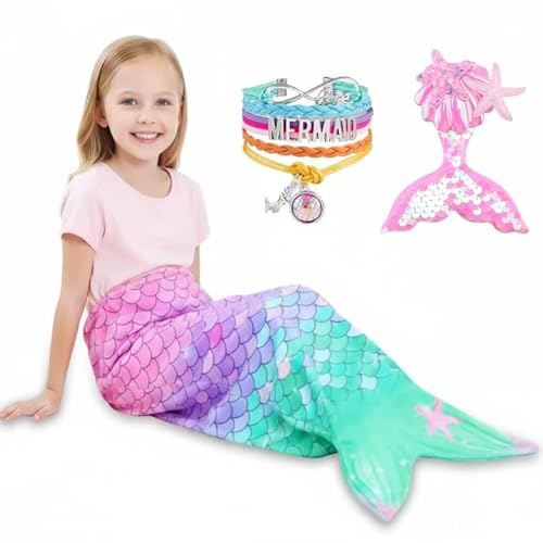 MKAKYES Coperta a Coda di Sirena, Coperta Sirena di Flanella Indossabile, con Braccialetto a Forcina Paillettes per Ragazze Bambini, Adatto per Halloween, Natale, 140 x 60cm