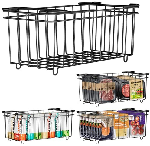SEGNAYEN Chest Freezer Baskets Organiser，4Pack Stackable Kitchen Storage Boxes with Fold Down Handle for 198L Deep,Metal Black Fridge Freezer Organiser Baskets for Sorts Food