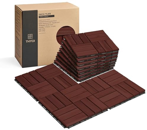 THYOI 10 Pcs Premium Deck Tiles, Patio Flooring - Outdoor Waterproof Acacia Wood Tiles for All Weather Use - Balcony, Backyard, Indoor & Outdoor (Natural Rosewood, 10 Square Ft)