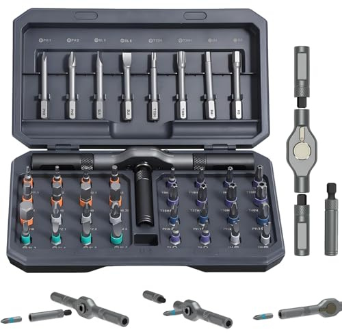Jeu de Tournevis à Cliquet 42 en 1, Kit Magnétique Multi-embouts avec Poignée à Cliquet en T Amovible, Kit de Tournevis Magnétiques avec 40 Embouts et Boîte de Rangement, Outils de réparation de préci