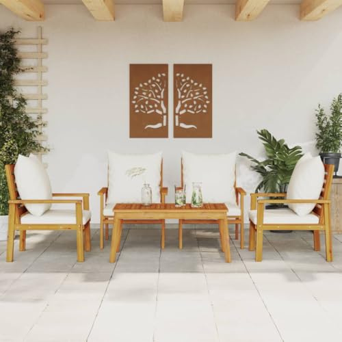 Runheo 5-TLG. Garten-Lounge-Set, Massivholz Akazie, Cremeweiße Kissen, 103x58x45cm Tisch, für Terrasse, Balkon, Garten, Outdoor Möbel Set