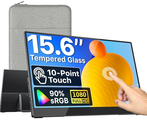 VisionOwl Portable Monitor Touchscreen 15.6 Inch 1080P 10-Point Touch Screen with Tempered Glass HDMI USB-C Monitor for Laptop Mac Surface PC PS5 Xbox Built-in Kickstand & Speakers, VESA Mountable
