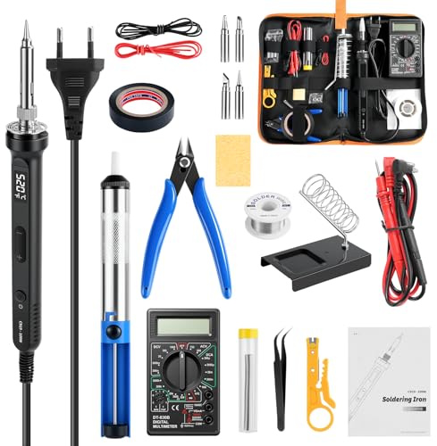 LCD Fer à Souder Kit 100W Température Réglable 180-520°C Electronique de Precision avec Multimètre Numérique/4 Pannes/Support pour Fer àSouder/étain à Souder/Pompe à Dessouder et Pince à épiler