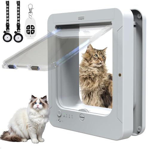 Mikrochip Kattlucka 11.5 x 10, Automatisk Husdjursdörr med 2 RFID Halsbandssensorer - 4-Vägs Låsning, Fjärrkontroll & Väderbeständig Smart Kattdörr för Katter & Små Hundar white