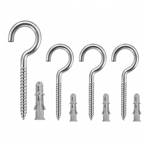 FortWeal Vine Eyes, M8 x 100mm 4P Open Stainless Steel Screw in Hooks, Heavy Duty Cup Hooks Screw Hooks with Wall Plugs, Self Tapping Ring Screws for Hanging Lights, Home Office Outdoor Garden Use
