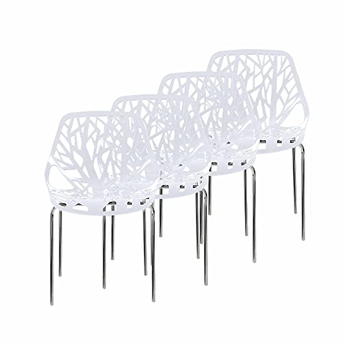 Makika Retro Stuhl Design Stuhl Esszimmerstühle Bürostuhl Wohnzimmerstühle Lounge Küchenstuhl Sitzgruppe 4er Set aus Kunststoff mit Rückenlehne CALUNA in Weiß