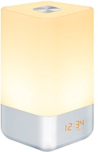 HogarTech Wake Up Light Alarm Clock, Bedside Touch Lamp with Sunrise Simulation, 5 Natural Sounds, Multi Light Modes, USB Rechargeable, White, Plastic