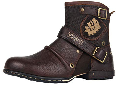 OSSTONE Herren leder chukkastiefel Worker biker boots-motorrad-leder-schuhe für reißverschluss Schnürstiefeletten boots 5008-1-N,Braun, US12(EU46)