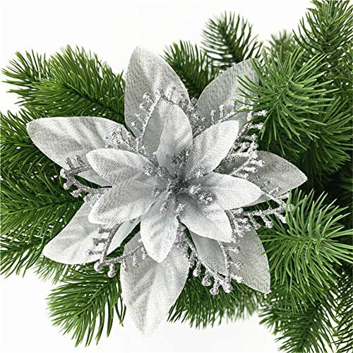 GLITZFAS 10 pcs Weihnachtsblume, Glitter Weihnachtsbaum Dekoration, Weihnachtsbaumschmuck Ornament Weihnachten Blumen Dekor, Christbaumanhänger (Silber)