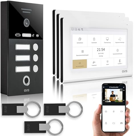 GVS Video Türsprechanlage 3 Familienhaus RFID + Fingerprint - 3x7 Monitor | Smarte Video Türklingel mit Kamera und Monitor & App - Gegensprechanlage mit Türöffner, RFID & Fingerprint (AVS4486A)