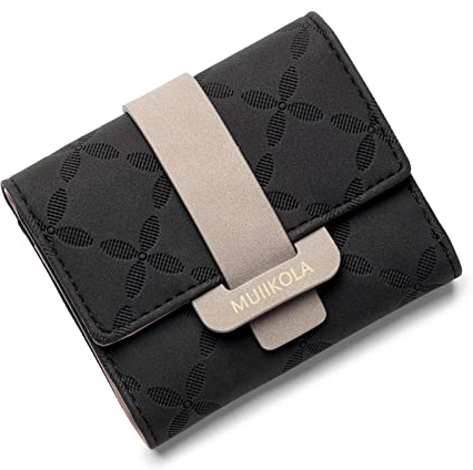MUIIKOLA Damen Geldbörse RFID Blocking Portemonnaie Veganes Leder Schwarz Minimalistisch 6 Kartenfächer 1 ID Fenster 1 Geldscheinfach 1 Reißverschlusstasche RFID-geschützt