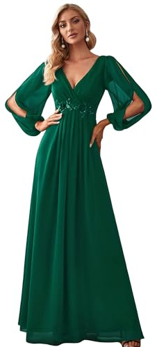 Ever-Pretty Damen Stilvolle Chiffon V-Ausschnitt Applique Plus Size Abendkleider mit Langen Laternenärmeln Dunkelgrün 48EU
