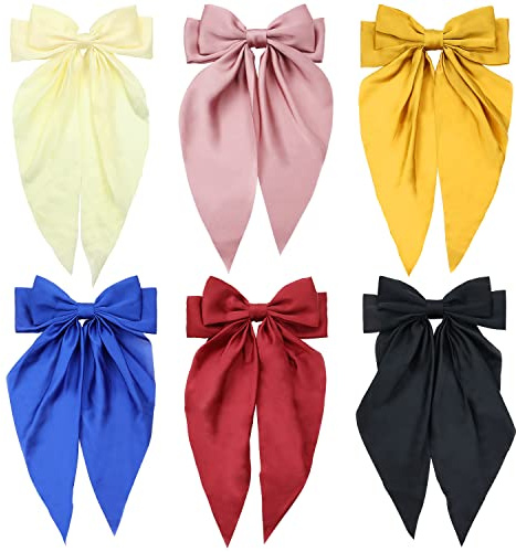 Große Satin-Haarschleifen für Damen, übergroße große Schleife, französische Haarspangen mit langem seidigem Band, Schwanz, Damen-Haarnadel, Pferdeschwanz-Halter, Schleife, Haar-Accessoires, 6 Stück
