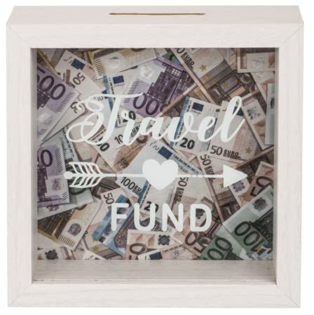 Weiße Spardose aus Holz, Spardose für Münzen, Design Travel Fund (15 x 15 cm), mit Haken zum Aufhängen