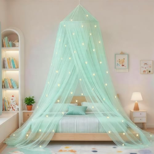 Eimilaly Sterne Betthimmel leuchtet im Dunkeln, Betthimmel für Mädchen Moskitonetz, Prinzessin Baldachin für Mädchen Bett Zimmer Dekoration, Green