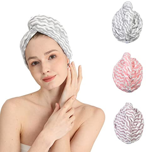 Good Nite 3 Piezas Toalla Microfibra Pelo Turbante de Cabello Súper Absorbente Toalla de Microfibra para el Cabello Rizado Largo 3 Colores Rosa Morado Gris con Botones Rayas Delgadas