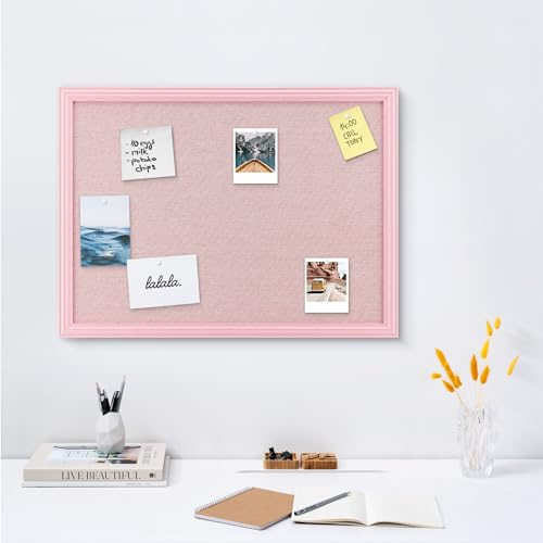 Navaris Framed Linen Bulletin Board - Approx. 58x43cm Fabric Jewelry Organizer Pinboard for Wall Memory Memo Pin Board - Pink Linen with Pink Frame