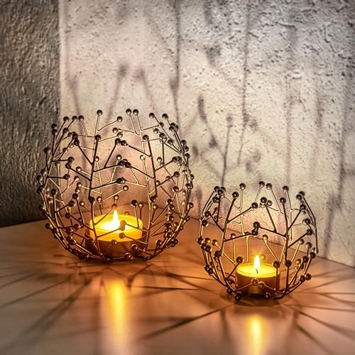 LOCALIS Teelichthalter Metall goldfarben 2er Set - 9,5 und 14 cm hoch - ideale Tischdeko Wohnzimmer Deko modern - Deko Fensterbank - Dekoration Wohnung modern - Kerzen Deko Set