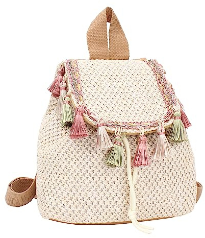 MilyaDE Sac à dos en paille - Sac de plage fait à la main - Avec cordon de serrage - Style bohème - Pour femme - Voyage - Vacances