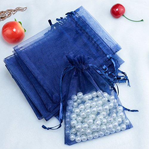 100 Stück Organzasäckchen,8*10cm Organzabeutel Säckchen Geschenkbeutel Organza, Schmuckbeutel Hochzeit-Säckchen mit Kordelzug Für Festival süßigkeiten Party Und Hochzeit Weihnachten, Dunkelblau