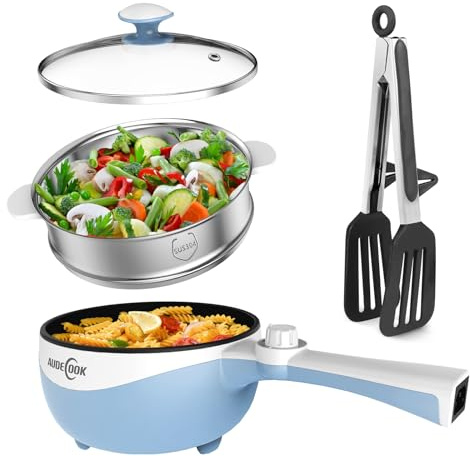 Audecook Hot Pot Electric, 1.7L Mini Electric Skillet Portable Nonstick Sauté Pan with Power Adjustment, Ramen Cooker Travel Multicooker for Steak/Soup/Egg/Oatmeal/Noodles (Tongs for Cooking Included)