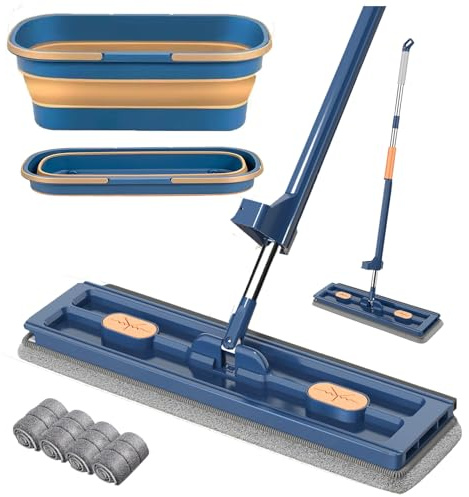 Lot de serpillères avec seau, grande serpillère plate avec fonction essorage, articulation rotative à 360 °, avec seau pliable et tampons de nettoyage en microfibre, grande serpillère plate pour bois