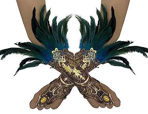 1 Paar Vintage Feder Handschuhe,Gothic Feder Manschetten Armbänder,Damen Feder Spitze Fingerlose Lange Handschuhe 20er Jahre mit Federn Spitzenhandschuhe für Hochzeit Party Halloween Maleficent Kostüm