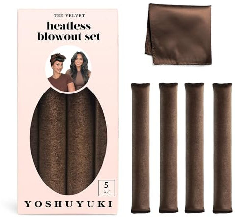 Heatless Overnight Hair Curling Set with Large Silk Brown Headband and Rollers for Short Hair Blowout Look