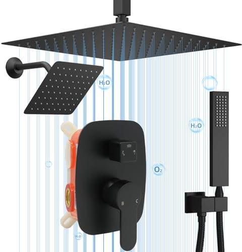 Delnet Dual Shower Heads Shower Mixer Set, Brass Concealed Shower System with 12 Ceiling Mounted Rain Shower Head & 6 Wall Mounted Head, Hot & Cold Water Mixing Valve, Matte Black