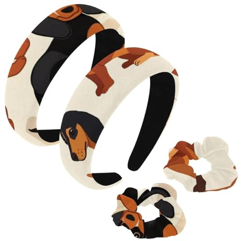etoenbrc 2 Stück Polyester Breite Stirnbänder und Haargummi für Frauen Cartoon Dackel Stirnbänder Haarband Mode Anti-Rutsch Haarreifen für Mädchen Frauen Haarschmuck