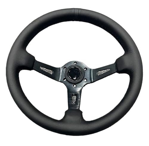 YTAFONPO Universal Rennlenkrad 13 Zoll Universal-Lederlenkrad, groß, konkav, tief konkav, Rennsport-Modifikation, Lenkradzubehör ﻿(Black)