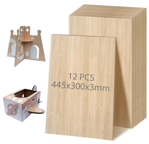 DAJAVE Sperrholzplatten, 445 x 300 x 3 mm, zuschneidbar, unlackiertes Holzblech, 3 mm, Birkensperrholzplatten für Handwerk, Malerei, Modellbau, Holzgravur, 12 Stück
