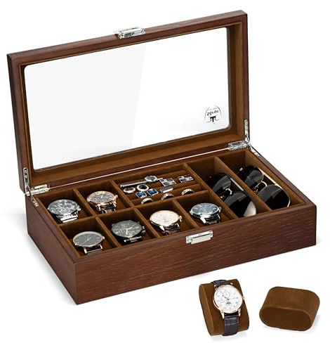Slege Boîte à Montres en Bois,6 Emplacements,Coffret à Montres avec Couvercle en Verre,Organisateur de Rangement pour Montre,Boîte à Bijoux,Cadeau pour Homme Femme,pour Montre,Lunette de Soleil,Bague