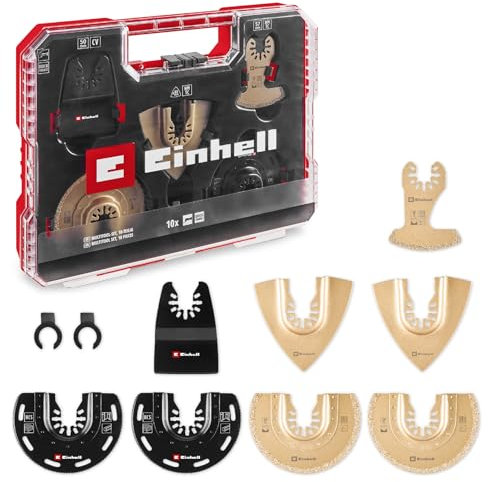 Originale Einhell Set multiutensile XL-PLUS-CASE da 10 pezzi (lama semitonda HCS, lama semitonda TCS, raspa a delta TCS, lama a segmenti TCS, raschietto rigido, adattatore Dremel)