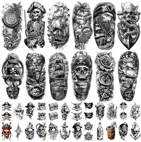 77 Blätter Piraten Schädel Temporäre Tattoos für Männer Frauen, 17 Großformatige Blumen Tintenfisch Armdesigns, 60 Realistische Gefälschte Aufkleber Wasserdicht Mini Tattoos für Erwachsene​