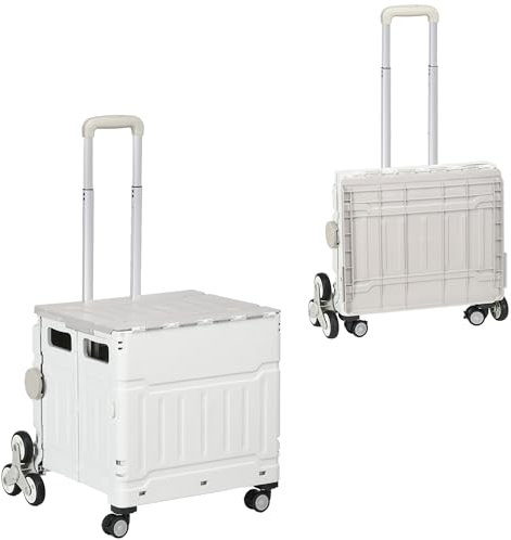 HOMCOM Chariot de Courses Pliable Caddie de Courses Portable avec poignée télescopique réglable et Couvercle, Chariot Montant escalier à roulettes Charge Max. 80 kg, Blanc