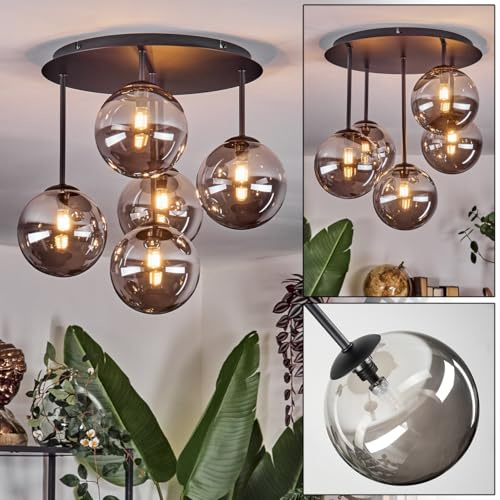 HOFSTEIN Deckenleuchte Chehalis, 5-flammige Deckenlampe aus Metall/Glas in Schwarz/Rauch, moderne Leuchte im Retro/Vintage-Design (Schirme Ø 15 cm), G9, Esszimmer, Wohnzimmer, Schlafzimmer, Küche